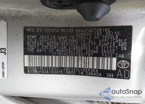 2012 Toyota Corolla S из США, поврежденный, VIN 2T1BU4EE6CC897781